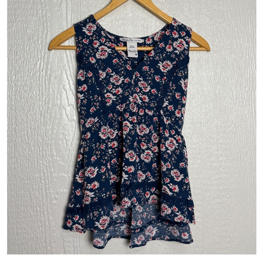 American Rag Cie Womens Floral Sleeveless Peplum Top Blue Red White Medium EUC
